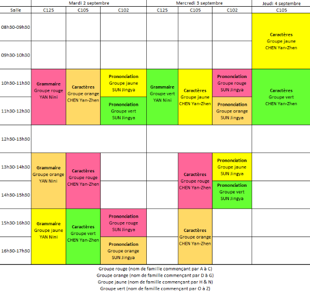 emploi du temps de pré-rentrée