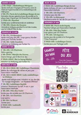 Programme de la Quizaine du jeu du 15 au 30 mai 2026 - Th&egrave;me "Le voyage" (page 2) / Samedi 30 mai : f&ecirc;te du Jeu, quai des Queyries (Bordeaux, en face du Jardin botanique)