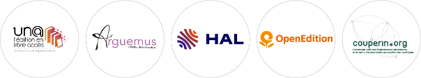 Logos des plateformes Arguemus, Un@, HAL, OpenEdition et du consortium Couperin