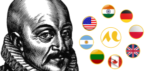 portrait de montaigne et 8 drapeaux en cercle autour du m de montaigne