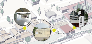 plan des bâtiments de l'université en arrière plan - 3 photos de panneaux de signalétiques dans 3 cercles en premier plan