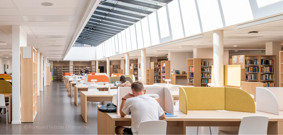 Bibliothèques Rigoberta Menchú - Salle de lecture (Salle Verrière) - Université Bordeaux Montaigne / © Romuald Nicolas / Patriarche, 2024