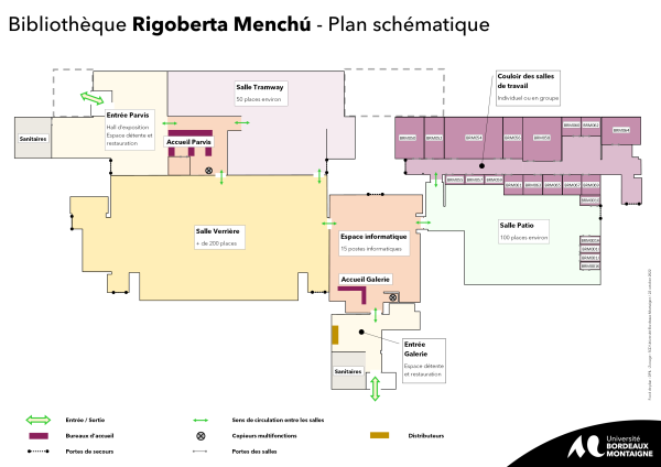 Plan de bibliothèque Rigoberta Menchú : entrée parvis, accueil parvis, salle Tramway, salle Verrière, espace informatique, entrée Galerie, salle Patio, couloir des salles de travail