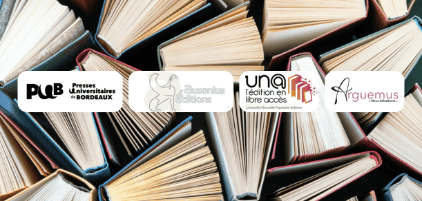 Photographie de 2 livres ouverts, sur la photographie sont apposés les logos de l'UNA, des PUB, de la MSHA et des éditions Ausonius.